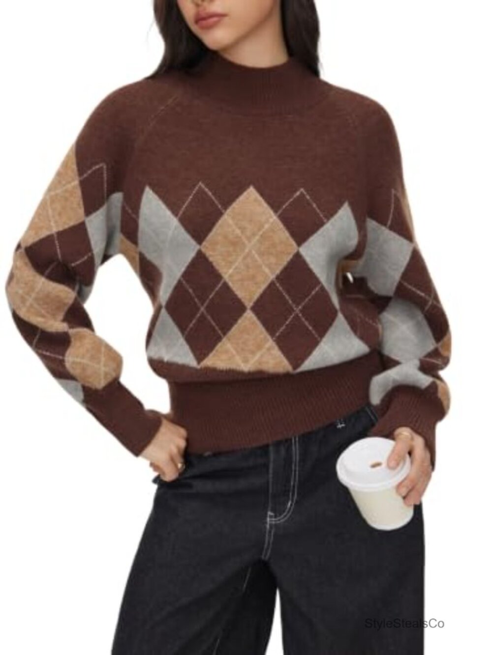 Mock Neck Argyle Knitted Pullover Sweater Oversized Lantern Sleeve